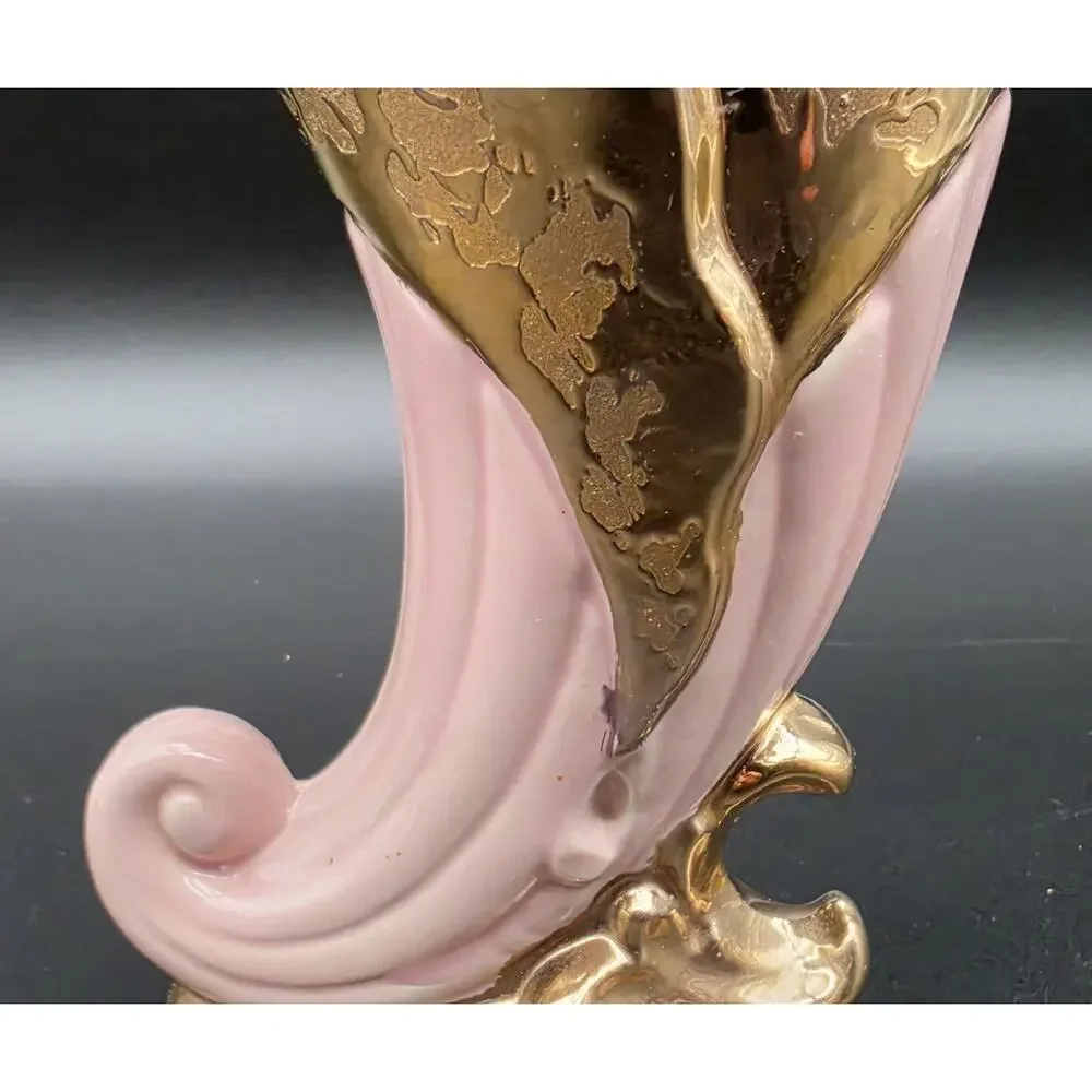 VTG Savoy China Pink & 24K Gold Cornucopia Horn Vase 6.125